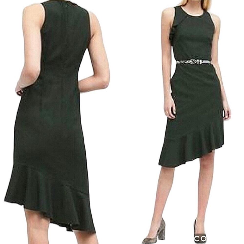 Banana Republic Sleeveless Asymmetrical Flounce Dress Size 4 Green Quiet Luxury